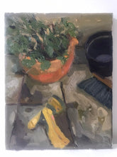 Load image into Gallery viewer, Still Life painting on canvas. Backyard tools and plants oil painting. Potted flowers, hose and gardening still life figurative art
