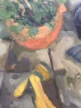Load image into Gallery viewer, Still Life painting on canvas. Backyard tools and plants oil painting. Potted flowers, hose and gardening still life figurative art