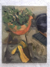 Load image into Gallery viewer, Still Life painting on canvas. Backyard tools and plants oil painting. Potted flowers, hose and gardening still life figurative art