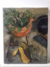 Load image into Gallery viewer, Still Life painting on canvas. Backyard tools and plants oil painting. Potted flowers, hose and gardening still life figurative art