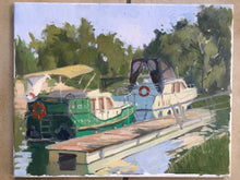 Load image into Gallery viewer, French boats along the Oise river banks in the French countryside plein air painting on canvas of boats in French landscape