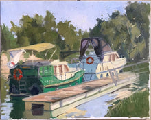 Load image into Gallery viewer, French River Boats Oil Painting: Oise River Landscape, Plein Air Art