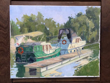 Load image into Gallery viewer, French boats along the Oise river banks in the French countryside plein air painting on canvas of boats in French landscape