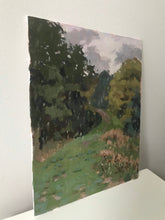 Load image into Gallery viewer, Hampstead Heath under the rain. Trees and grass Oil painting on panel. Original art London park lanscape painting. Plein air painting