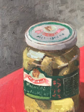 Load image into Gallery viewer, Original art Still Life Jar of pickes Oil painting on panel figurative food painting allaprima colourful art