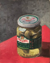 Load image into Gallery viewer, Original art Still Life Jar of pickes Oil painting on panel figurative food painting allaprima colourful art