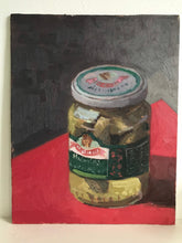 Load image into Gallery viewer, Original art Still Life Jar of pickes Oil painting on panel figurative food painting allaprima colourful art
