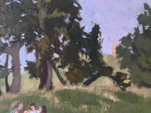 Load image into Gallery viewer, Hampstead Heath afternoon pic nic. Trees on the hill, with figures sitting in the park grass. Original painting on board plein air painting