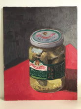 Load image into Gallery viewer, Original art Still Life Jar of pickes Oil painting on panel figurative food painting allaprima colourful art