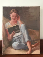 Load image into Gallery viewer, Portrait young woman reading a book on a couch original oil painting on canvas