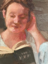 Load image into Gallery viewer, Portrait young woman reading a book on a couch original oil painting on canvas