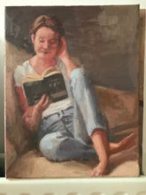Load image into Gallery viewer, Portrait young woman reading a book on a couch original oil painting on canvas