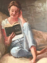 Load image into Gallery viewer, Portrait young woman reading a book on a couch original oil painting on canvas