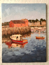Load image into Gallery viewer, Rockport harbor oil painting original art Massachusetts landscape painting on canvas New England art boats seascape