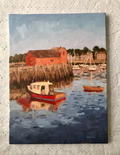 Load image into Gallery viewer, Rockport harbor oil painting original art Massachusetts landscape painting on canvas New England art boats seascape