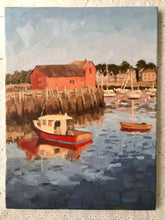 Load image into Gallery viewer, Rockport harbor oil painting original art Massachusetts landscape painting on canvas New England art boats seascape