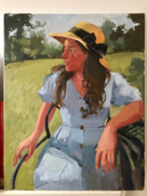 Load image into Gallery viewer, Profile female portrait painting on canvas oil paint portraiture woman in summer dress and a hat. Original portrait painting