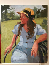 Load image into Gallery viewer, Profile female portrait painting on canvas oil paint portraiture woman in summer dress and a hat. Original portrait painting