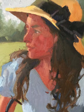 Load image into Gallery viewer, Profile female portrait painting on canvas oil paint portraiture woman in summer dress and a hat. Original portrait painting