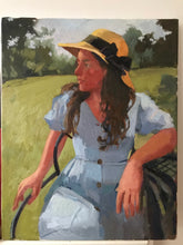 Load image into Gallery viewer, Profile female portrait painting on canvas oil paint portraiture woman in summer dress and a hat. Original portrait painting
