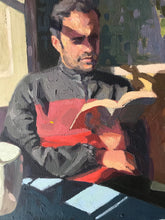 Load image into Gallery viewer, Male portrait reading painting on canvas oil paint portraiture against the window Original portrait painting