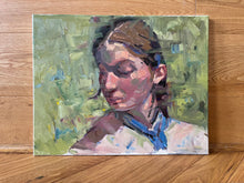 Load image into Gallery viewer, Portrait of a woman blurred on green background. Contemporary portraiture in oil painting on canvas. Blurred realist female face