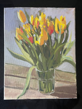 Load image into Gallery viewer, Still Life Tulips in a vase Oil painting bouquet of yellow and orange flowers. Original oil painting of orange flowers in a glass bouquet