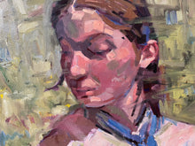 Load image into Gallery viewer, Portrait of a woman blurred on green background. Contemporary portraiture in oil painting on canvas. Blurred realist female face