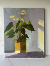Load image into Gallery viewer, Oil painting of flower in yellow pot still life plant peace lily