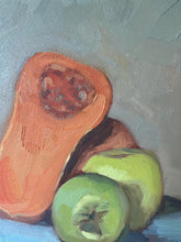 Load image into Gallery viewer, Original Still Life Oil Painting: Squash, Apples, and Glass Jug