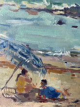 Load image into Gallery viewer, Oil painting Moroccan beach, bathers under a parasol