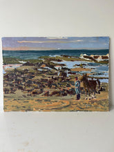 Load image into Gallery viewer, Oil painting Moroccan beach, Rabat painting on panel, cavalier walking