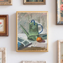 Load image into Gallery viewer, Impressionist Still Life Oil Painting: Green Watering Can, Orange, Newspaper