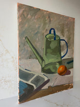 Load image into Gallery viewer, Impressionist Still Life Oil Painting: Green Watering Can, Orange, Newspaper