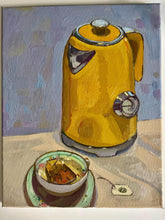 Load image into Gallery viewer, Yellow electric kettle and cup of tea and teabag oil painting on canvas allaprima still life art