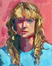 Load image into Gallery viewer, Pink oil painting portrait of a blonde curly hair woman on stretched canvas