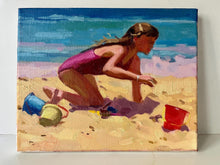 Load image into Gallery viewer, Beach Painting Kid playing : Original Oil Painting on canvas of girl in the sand