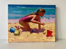 Load image into Gallery viewer, Beach Painting Kid playing : Original Oil Painting on canvas of girl in the sand
