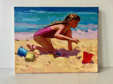 Load image into Gallery viewer, Beach Painting Kid playing : Original Oil Painting on canvas of girl in the sand