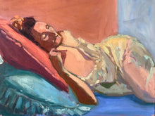 Load image into Gallery viewer, Original Painting Woman sleeping, sleep oil painting, woman asleep nightgown art, bedroom pillows sleepy, oil on canvas female sleeper art