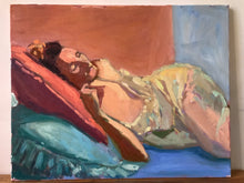 Load image into Gallery viewer, Original Painting Woman sleeping, sleep oil painting, woman asleep nightgown art, bedroom pillows sleepy, oil on canvas female sleeper art