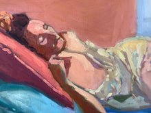 Load image into Gallery viewer, Original Painting Woman sleeping, sleep oil painting, woman asleep nightgown art, bedroom pillows sleepy, oil on canvas female sleeper art