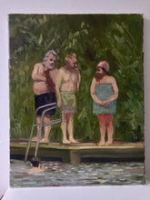 Load image into Gallery viewer, Figurative painting on canvas Bathing Ponds in Hampstead Heath London Park Oil Painting Landscape Painting Figurative Art