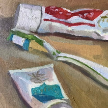 Load image into Gallery viewer, Original Still Life Painting, Oil painting on canvas, toothbrush, cream and toothpaste original art