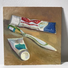 Load image into Gallery viewer, Original Still Life Painting, Oil painting on canvas, toothbrush, cream and toothpaste original art