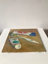 Load image into Gallery viewer, Original Still Life Painting, Oil painting on canvas, toothbrush, cream and toothpaste original art