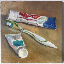 Load image into Gallery viewer, Original Still Life Painting, Oil painting on canvas, toothbrush, cream and toothpaste original art