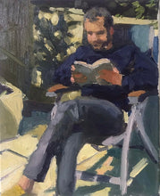 Load image into Gallery viewer, Oil painting Plein Air Portrait of a young man reading in a backyard original art painting on canvas figurative art