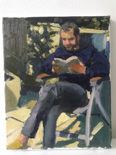 Load image into Gallery viewer, Oil painting Plein Air Portrait of a young man reading in a backyard original art painting on canvas figurative art