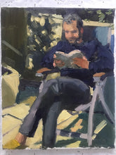 Load image into Gallery viewer, Oil painting Plein Air Portrait of a young man reading in a backyard original art painting on canvas figurative art